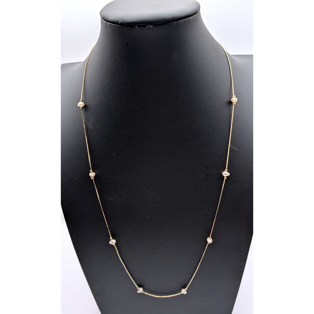 Vintage Gold Tone Faux Pearl Station Necklace 24 Inch Long Korea Minimalist